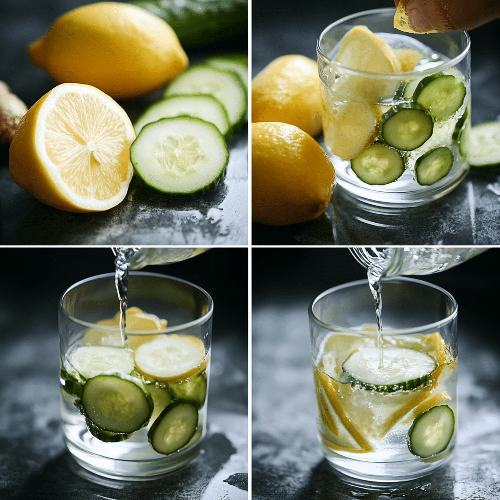 Step-by-step images for making lemon ginger cucumber water