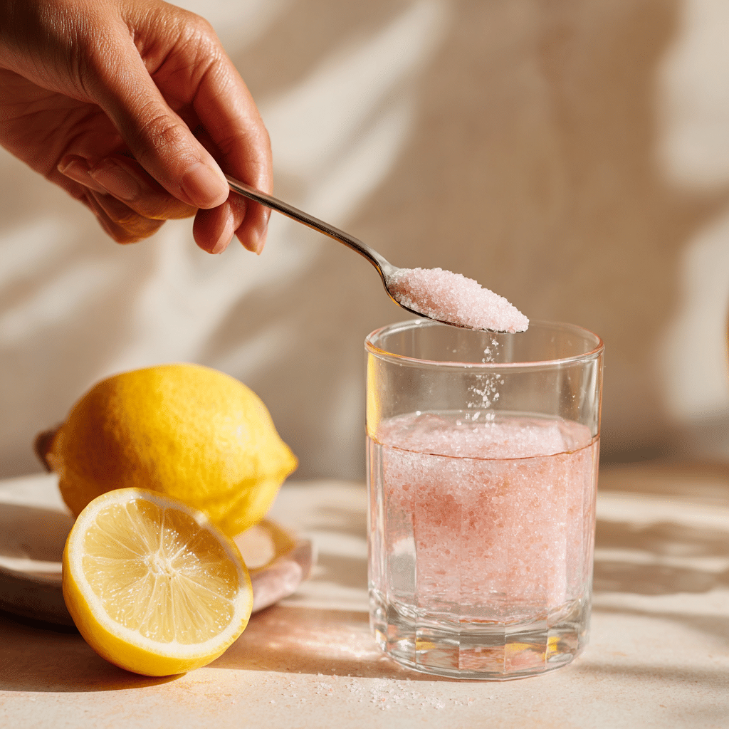 Step-by-step process of making Pink Salt Diet water with lemon