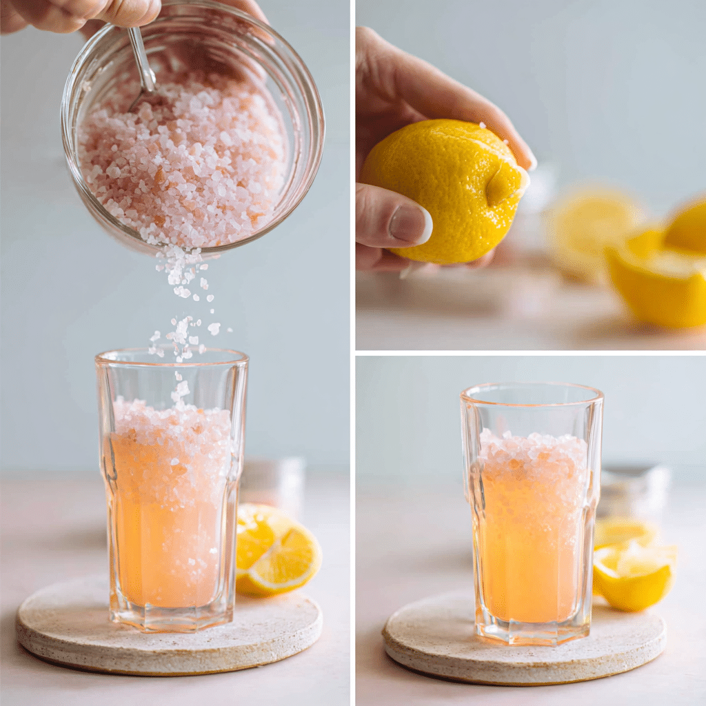 Step-by-step process of making Himalayan salt and lemon weight loss drink