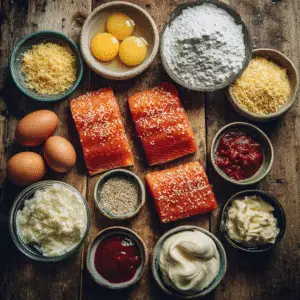Ingredients for crispy Bang Bang salmon bites including fresh salmon, cornstarch, flour, eggs, and spicy sauces.