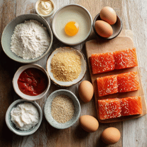 Ingredients for Bang Bang salmon bites, including fresh salmon, cornstarch, flour, eggs, and sauces.