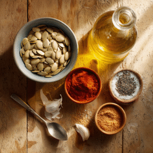 Ingredients for roasted Pumpkin Seed Recipe : olive oil, paprika, garlic powder, pumpkin seeds