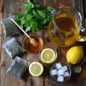 Ingredients for iced green tea, including tea bags, lemon, mint, and honey