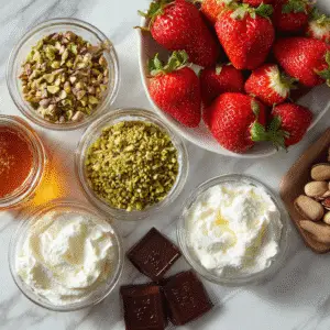 Ingredients for Dubai Chocolate Strawberries Cup: strawberries, chocolates, pistachios, and whipped cream.