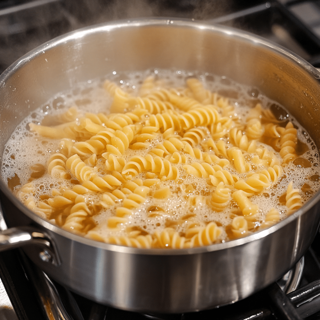Boiling rotini pasta for creamy pasta salad.