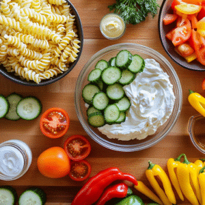 Ingredients for making creamy pasta salad including pasta, mayonnaise, sour cream, and vegetables.
