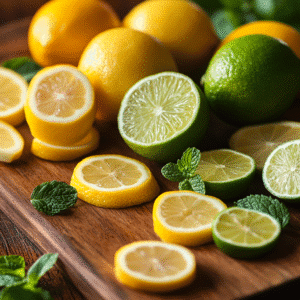 Fresh lemons and limes with slices and mint leaves for making Lemon-Lime Fizz
