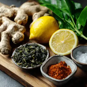 Ingredients for Natural Mounjaro Tea: green tea, ginger, lemon, cayenne pepper