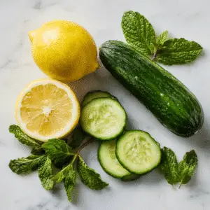 Ingredients for Lemon Mint and Cucumber Water including cucumber, lemon, and mint leaves