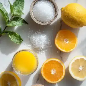 Ingredients for Cortisol Cocktail: coconut water, orange juice, lemon, magnesium, and salt