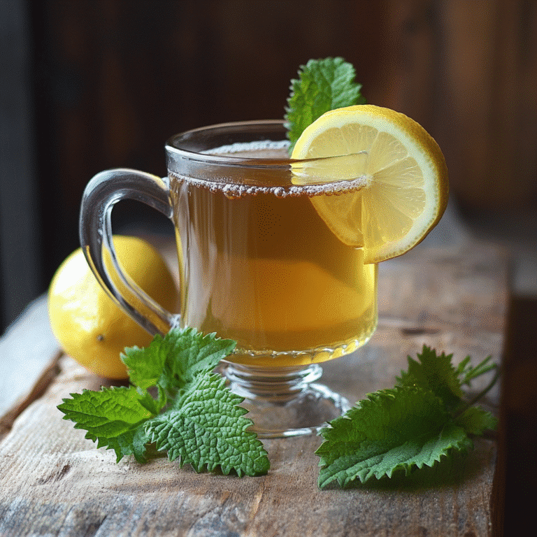 Served lemon balm tea with lemon slice and fresh lemon balm leaves