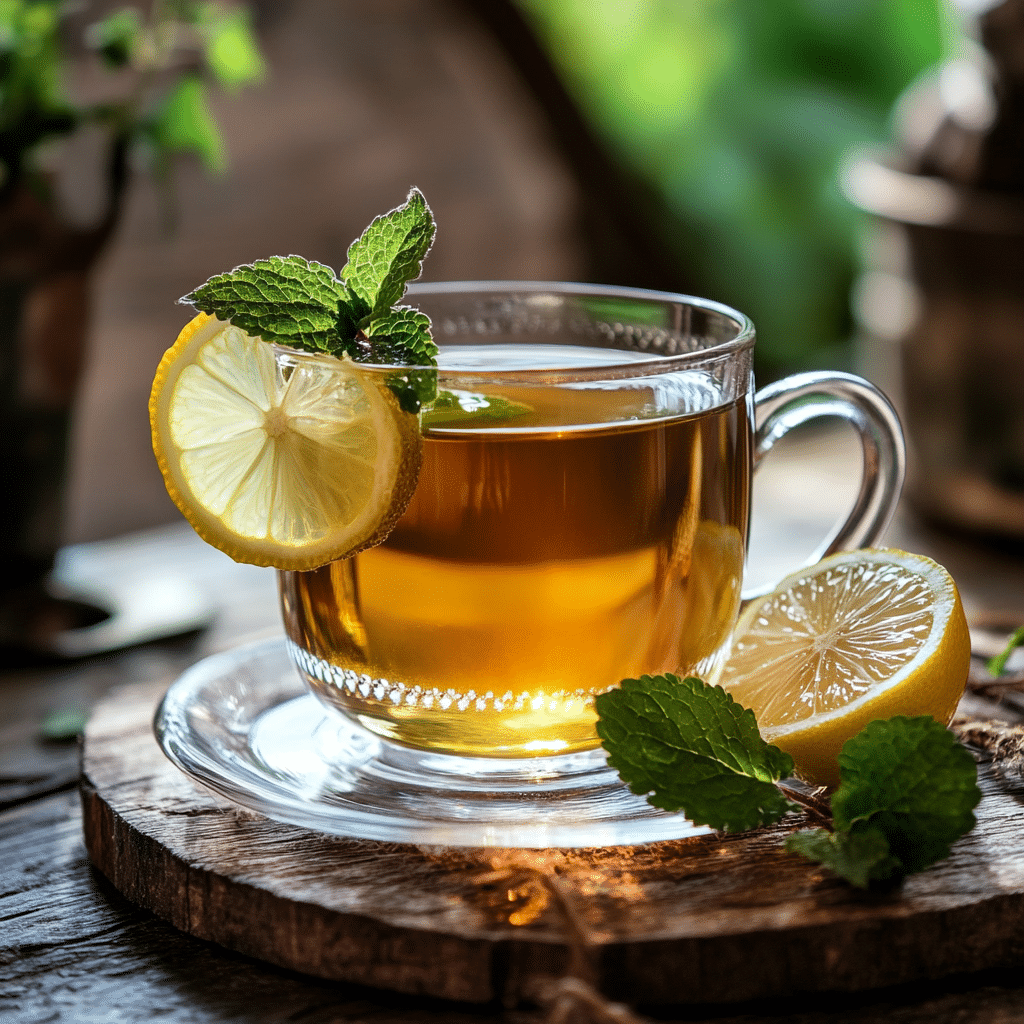 Served lemon balm tea with lemon slice and fresh lemon balm leaves