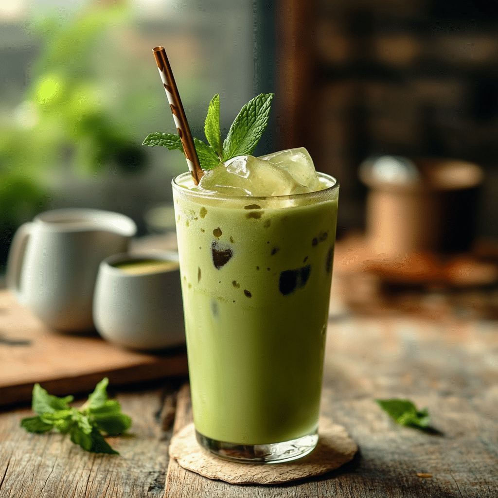 Served low-calorie iced matcha latte in a cafe with mint garnish