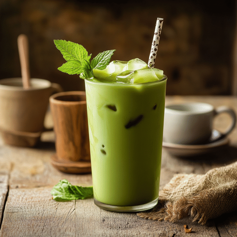 Served low-calorie iced matcha latte in a cafe with mint garnish