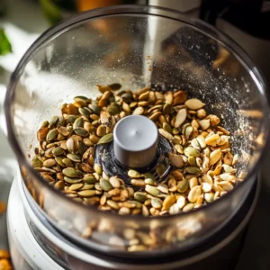 Processing roasted pepitas in a food processor to make pumpkin seed butter