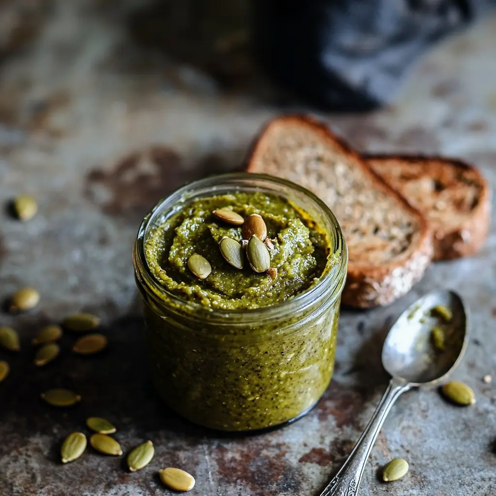 Pumpkin seed butter spread on toast with a jar and raw pepitas