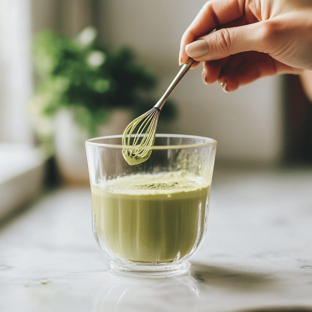 Stirring matcha powder into unsweetened almond milk