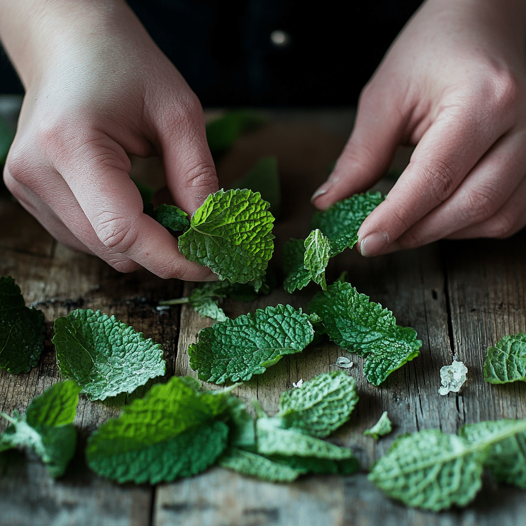 Tearing fresh lemon balm leaves for tea preparation