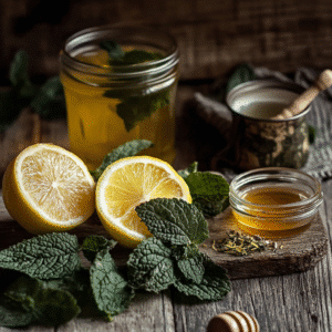 Dried lemon balm leaves, lemon slices, honey, and hot water for lemon balm tea