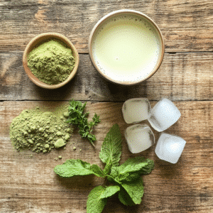 Ingredients for low-calorie iced matcha latte: almond milk, matcha powder, ice cubes, and mint