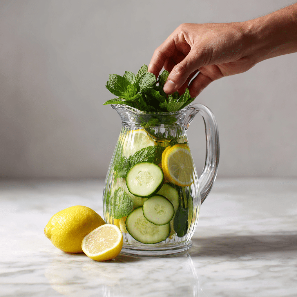 Preparing cucumber, lemon, and mint for infusion in a pitcher