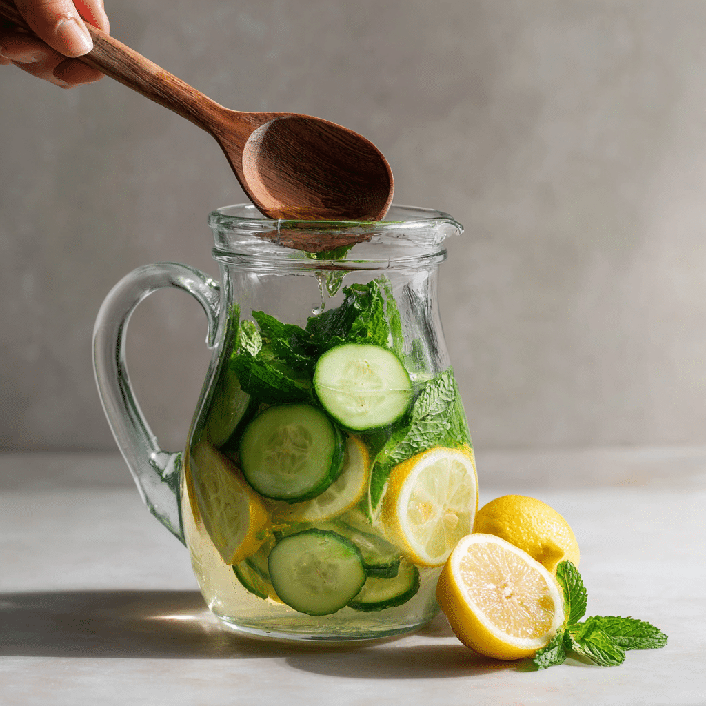 Preparing cucumber, lemon, and mint for infusing in a glass pitcher