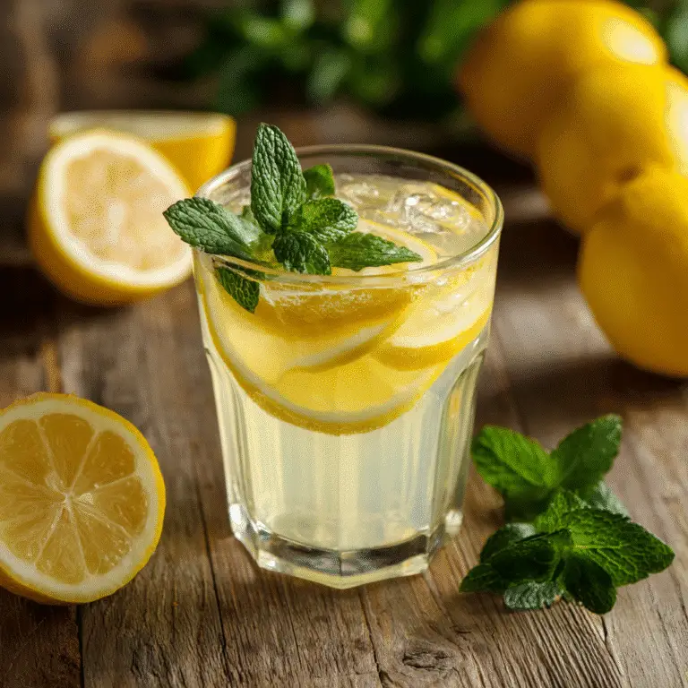 Suero Drink served with lemon and mint garnishes on a rustic wooden table