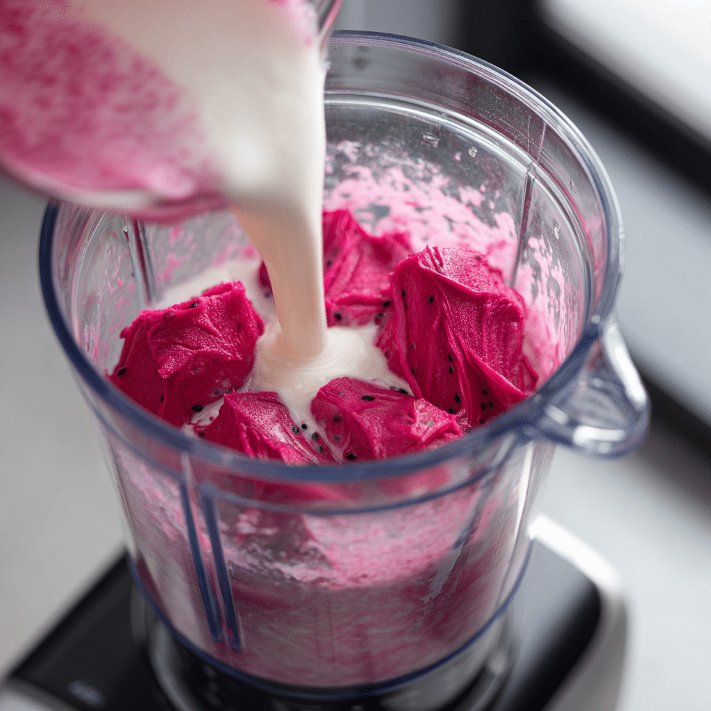 Blending dragon fruit and coconut milk for Dragon Drink