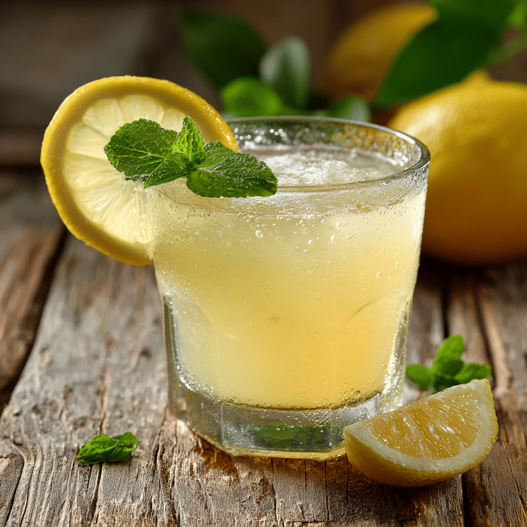 Suero Drink with lemon and mint garnishes on a wooden table