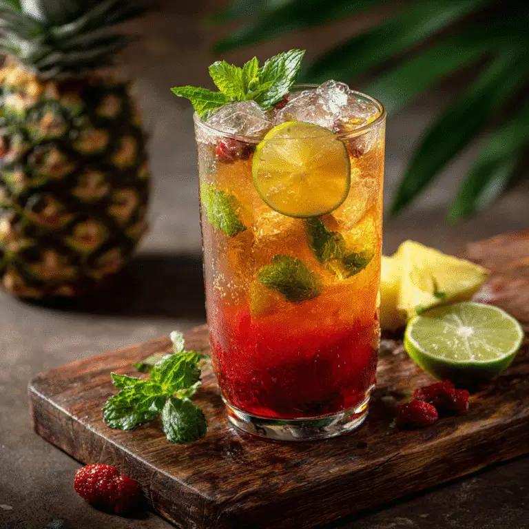 Vibrant loaded tea with fresh mint, fruits, and ice cubes