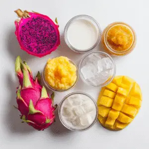 Ingredients for making Dragon Drink: dragon fruit, coconut milk, mango puree, ice
