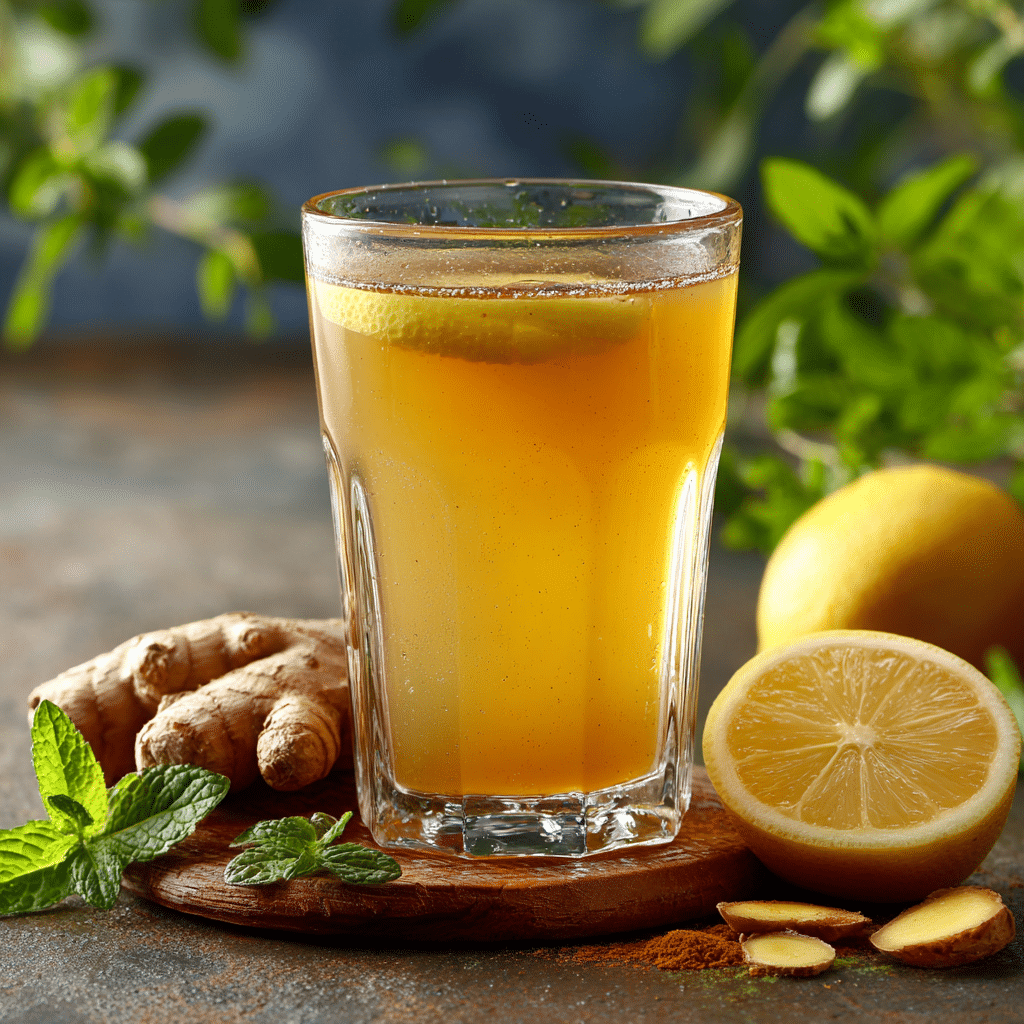 Final served glass of natural Ozempic drink with lemon slices, mint leaves, and fresh ingredients on a wooden countertop.