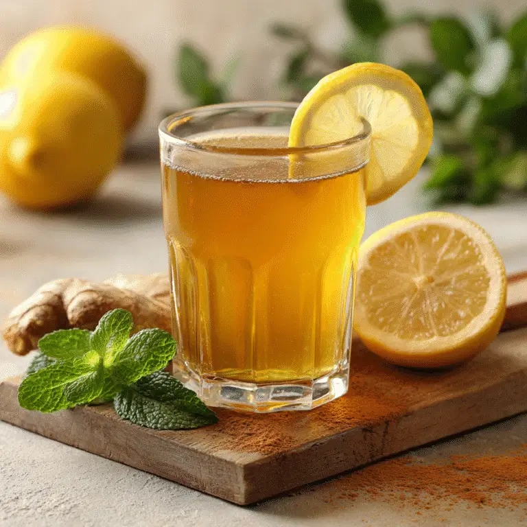 Final served glass of natural Ozempic drink with lemon slices, mint leaves, and fresh ingredients on a wooden countertop.