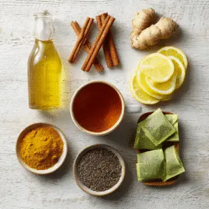 A flat-lay of ingredients for a natural health drink: apple cider vinegar, cinnamon sticks, fresh ginger, turmeric powder, lemon slices, and green tea bags.