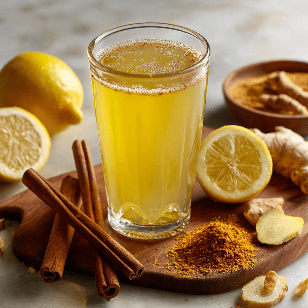 Healthy natural Ozempic drink made from apple cider vinegar, green tea, lemon, turmeric, cinnamon, and ginger served in a clear glass.