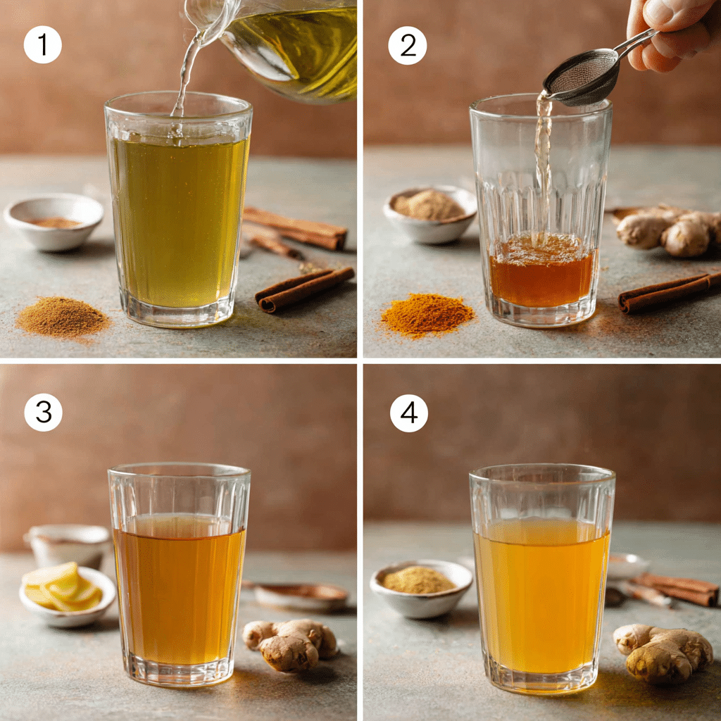 Step-by-step process of making a natural Ozempic drink, from brewing green tea to mixing ingredients and serving.