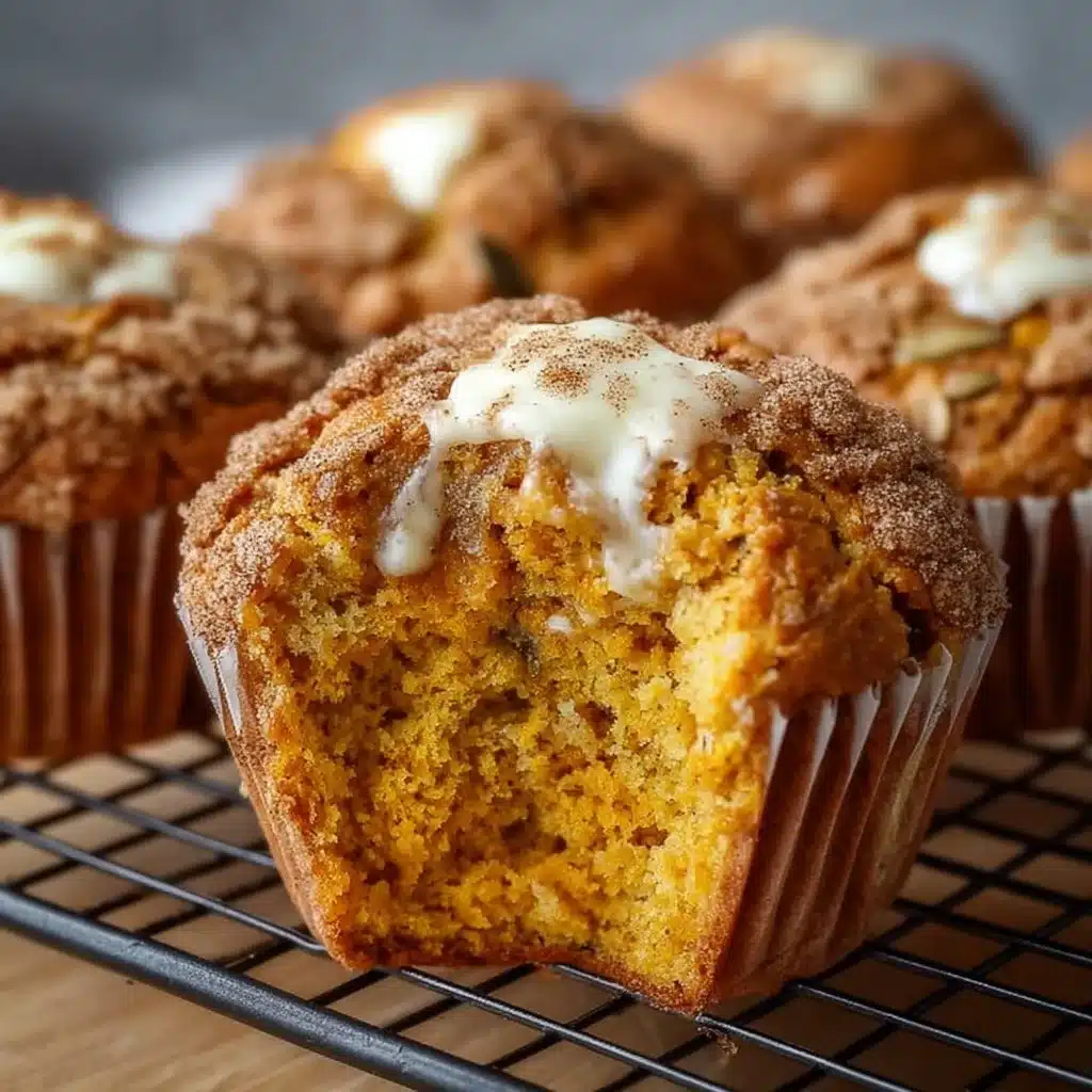 Freshly baked Pumpkin Cream Cheese Muffins with cream cheese filling