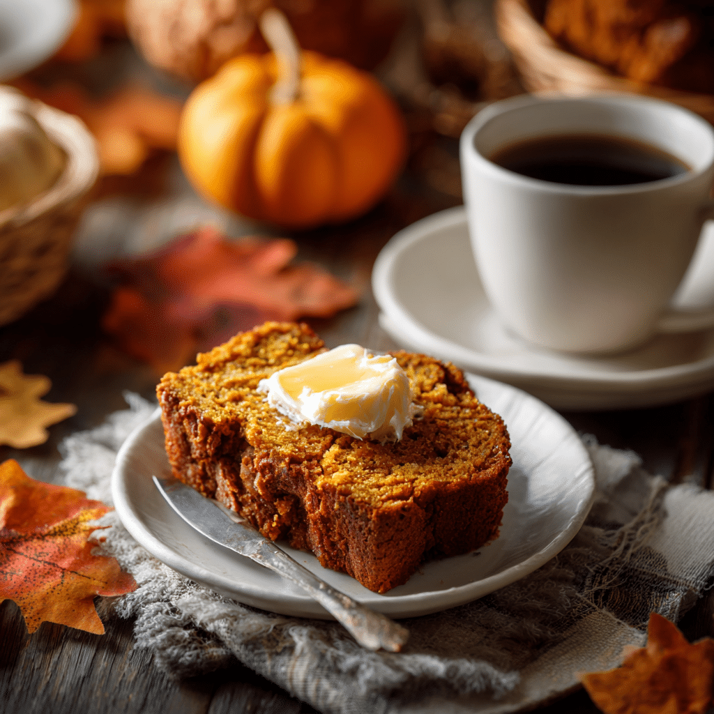 Pumpkin bread slice served with coffee