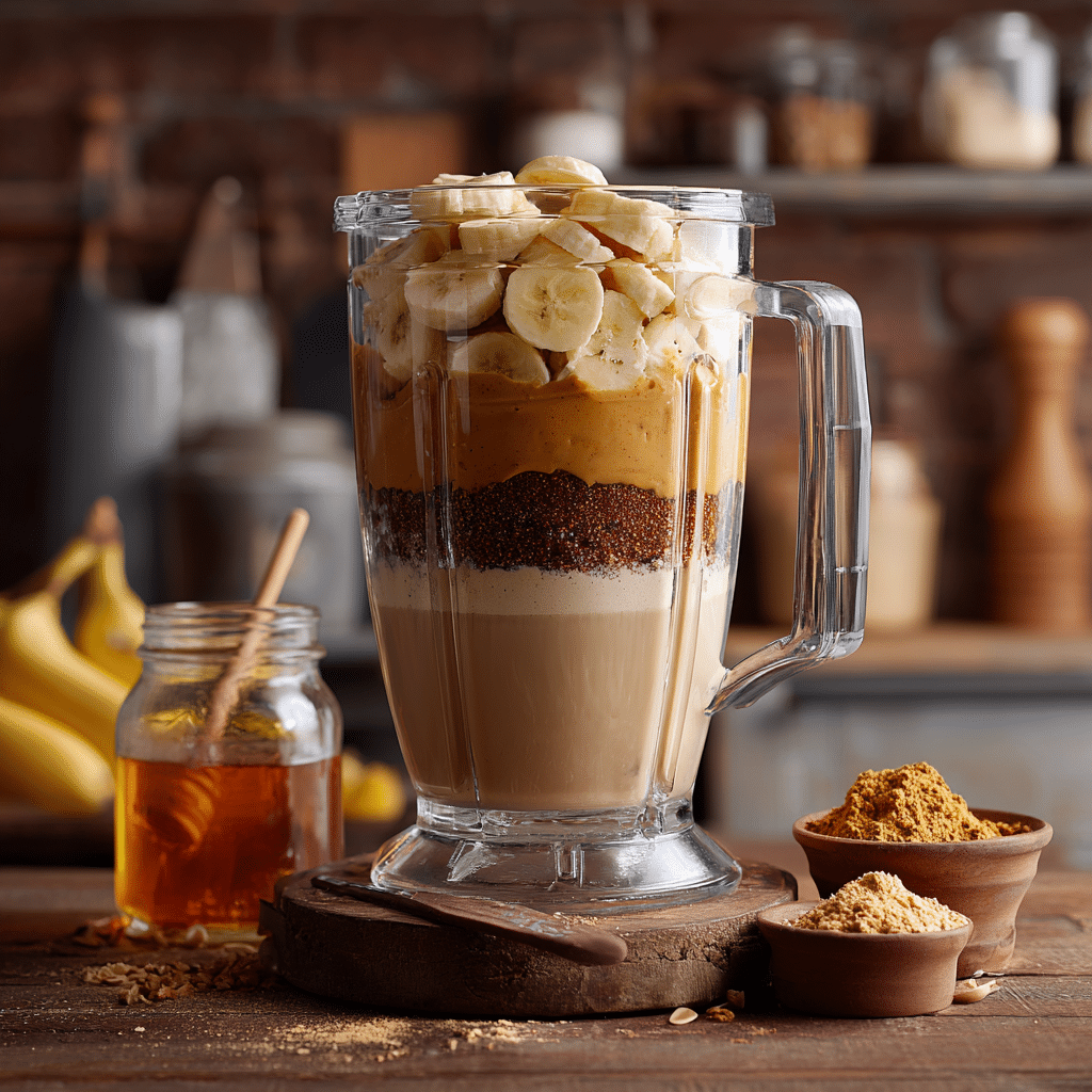 Blender with banana, peanut butter, coffee, and milk inside
