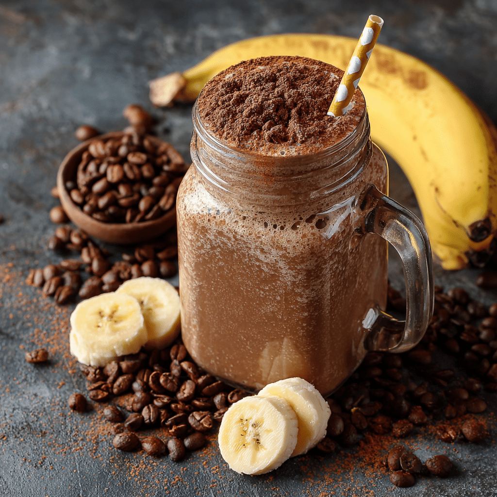 Coffee smoothie with straw, cocoa topping, and banana slices