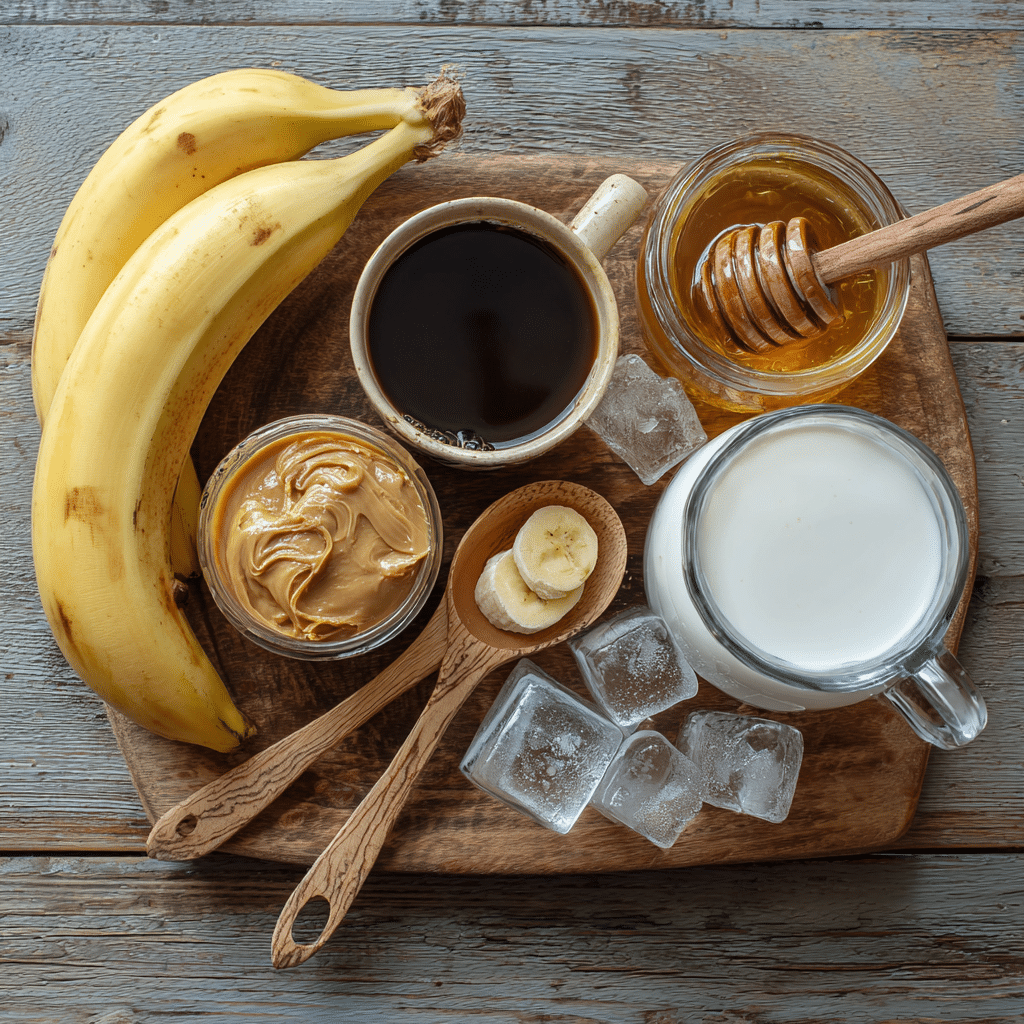 Banana, peanut butter, coffee, milk, and honey arranged on wooden surface