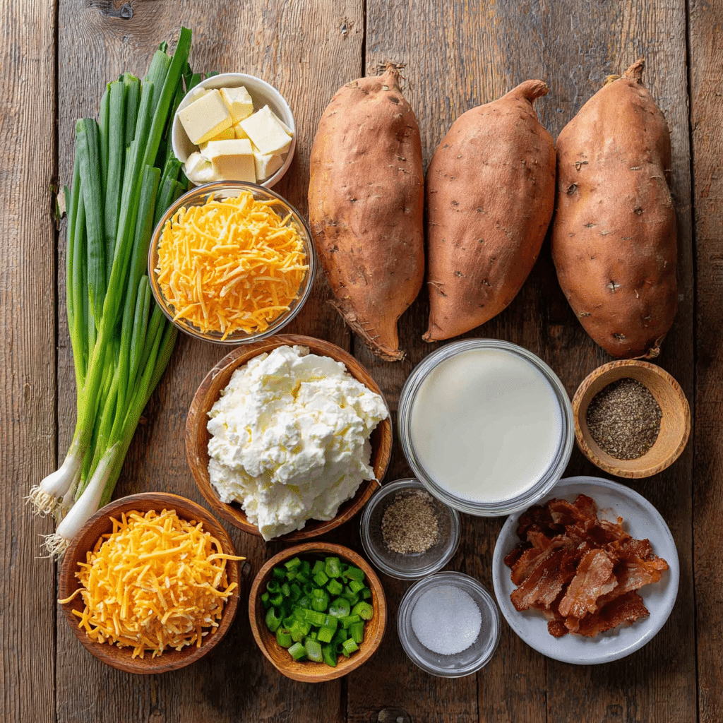Ingredients for Twice Baked Sweet Potatoes Recipe on a wooden table