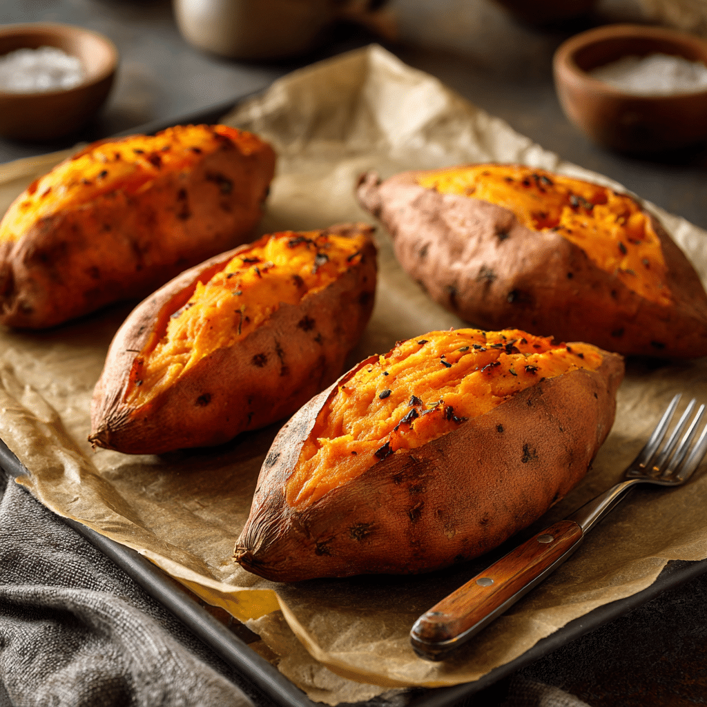 Baking whole sweet potatoes / Scooping and mashing filling / Stuffed halves with cheddar / Twice baked sweet potatoes golden and crispy