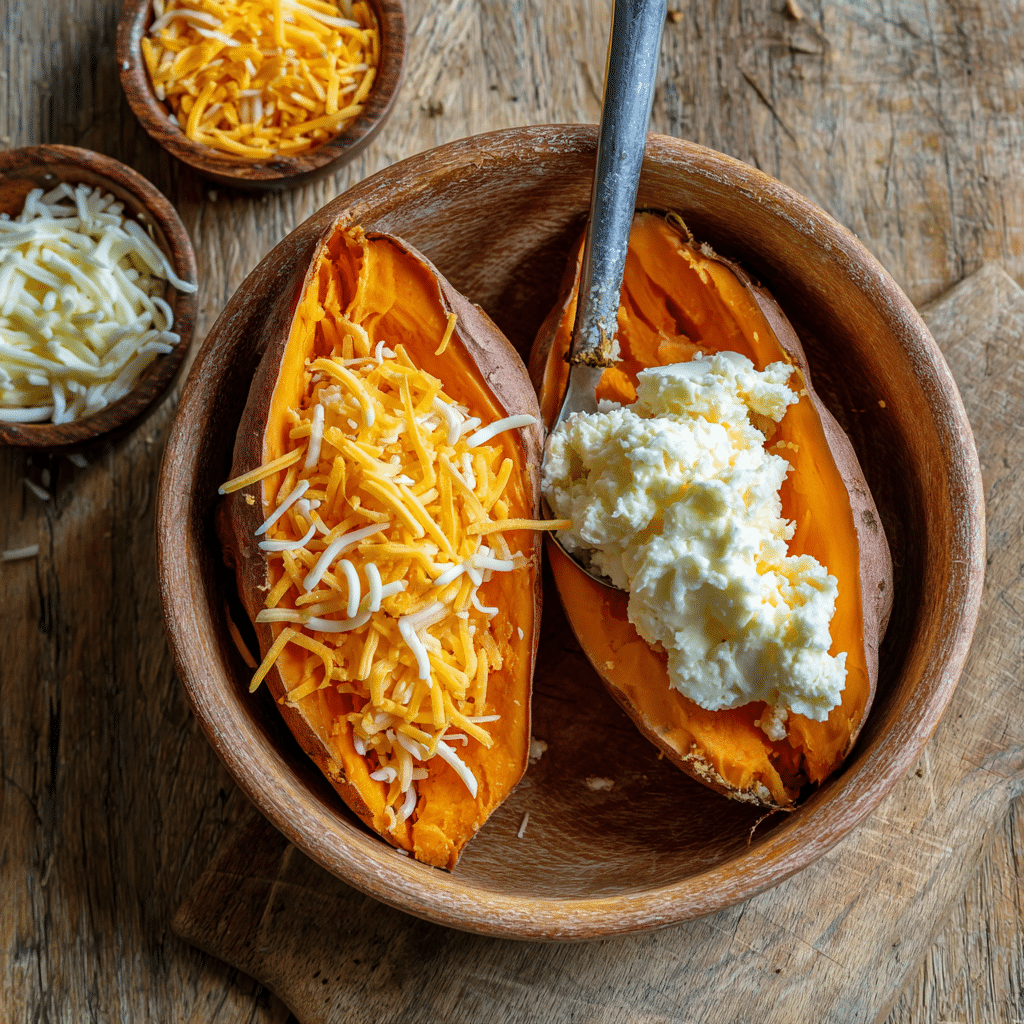 Baking whole sweet potatoes / Scooping and mashing filling / Stuffed halves with cheddar / Twice baked sweet potatoes golden and crispy