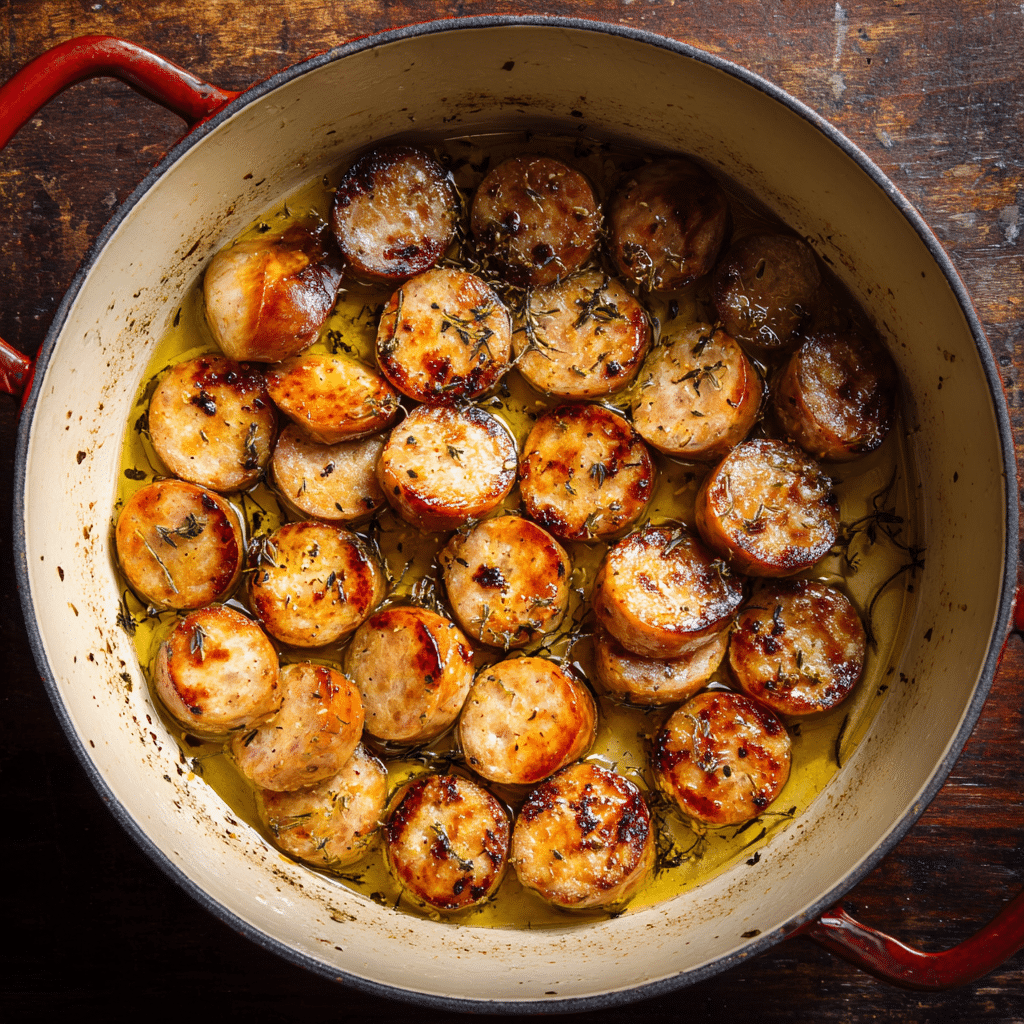 Chicken sausage slices browning in pot with olive oil