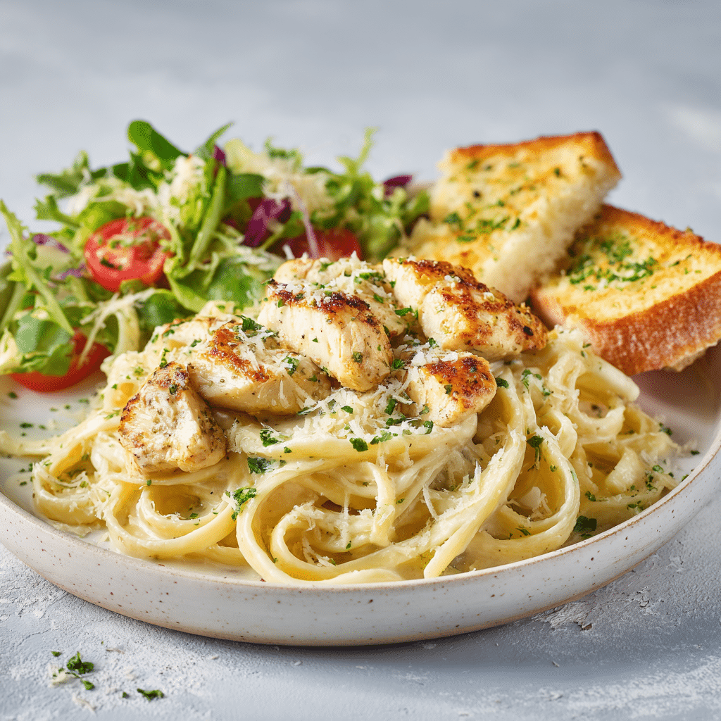 Serving Creamy Garlic Parmesan Chicken Pasta Creamy garlic parmesan chicken pasta served with garlic bread and salad