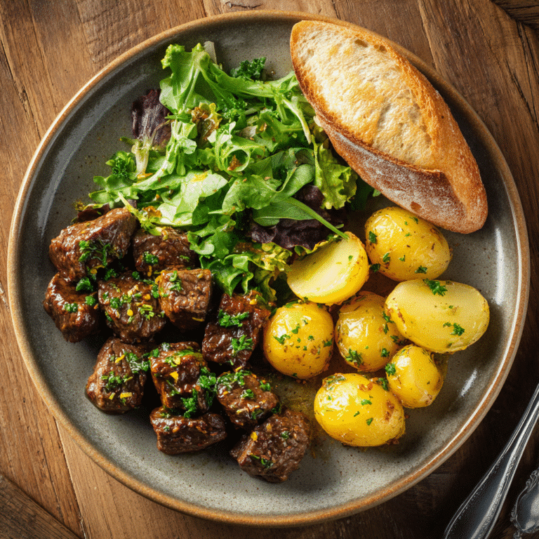 Beef bites and potatoes served with salad and bread on a plate