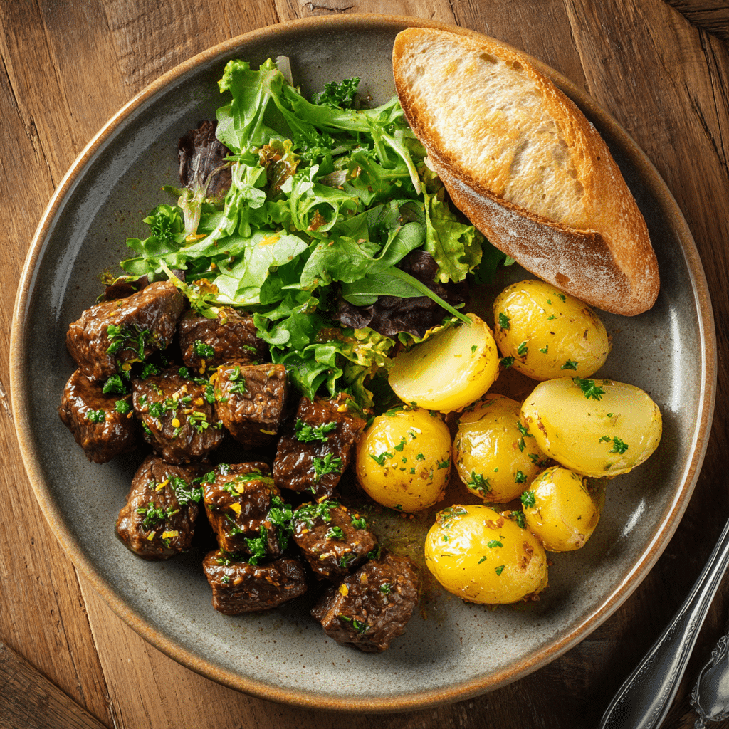 Beef bites and potatoes served with salad and bread on a plate