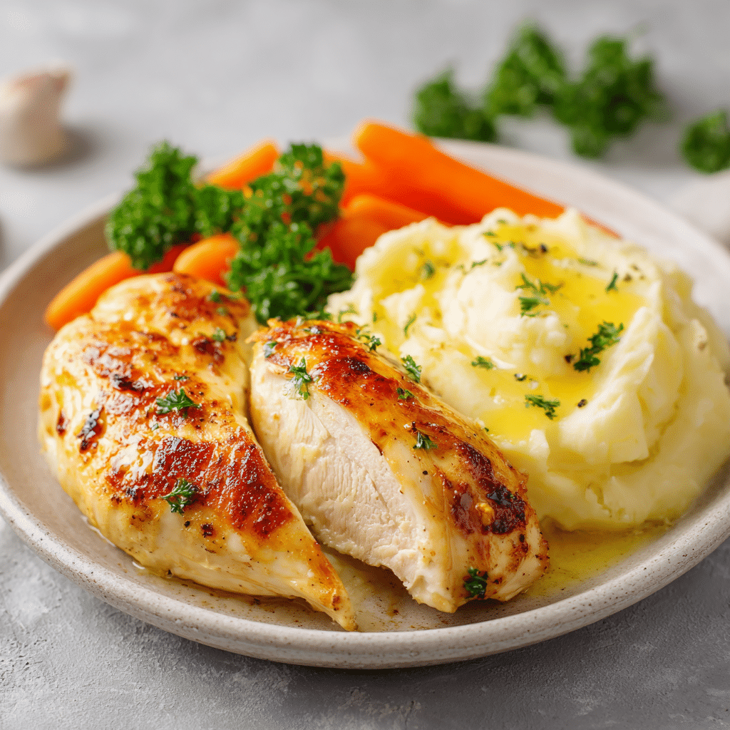 Golden baked chicken breast served with mashed potatoes and vegetables-36bc-4610-8aa7-82fb2ab412d4_0 Deliciously Served Melt In Your Mouth Chicken Breast