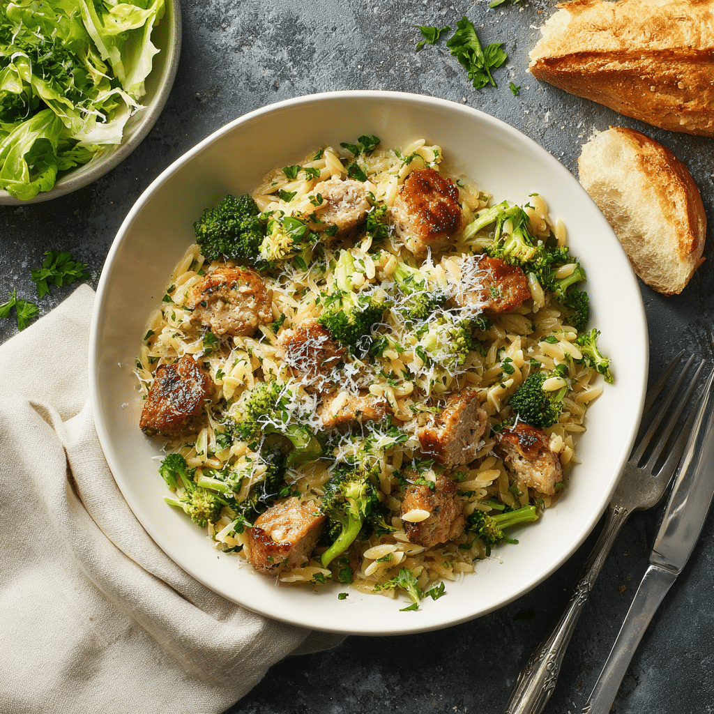Perfectly Served Chicken Sausage and Broccoli Orzo